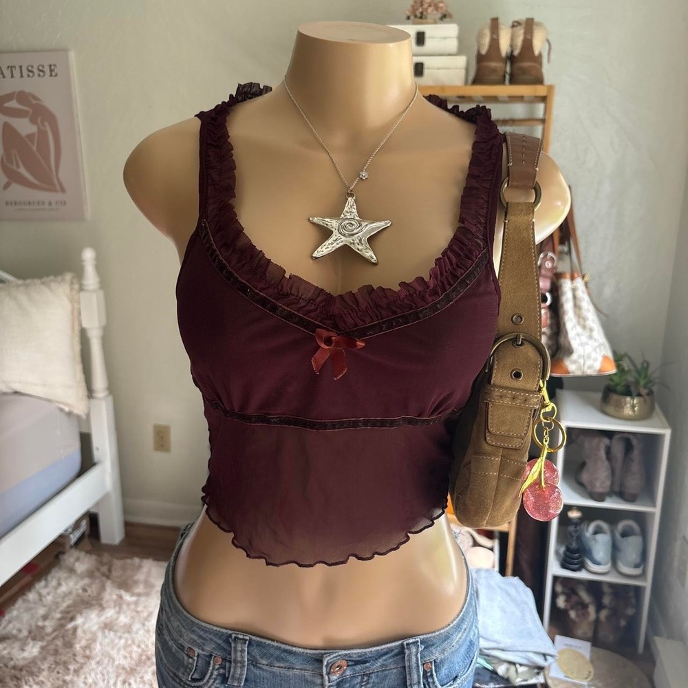 y2k 2000s romantic burgundy ruffle bow cami top